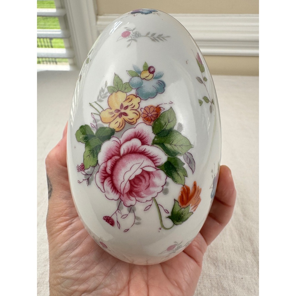 Vintage SRG Japan Porcelain Floral Egg Trinket Box Gold Trim 5" Cottagecore